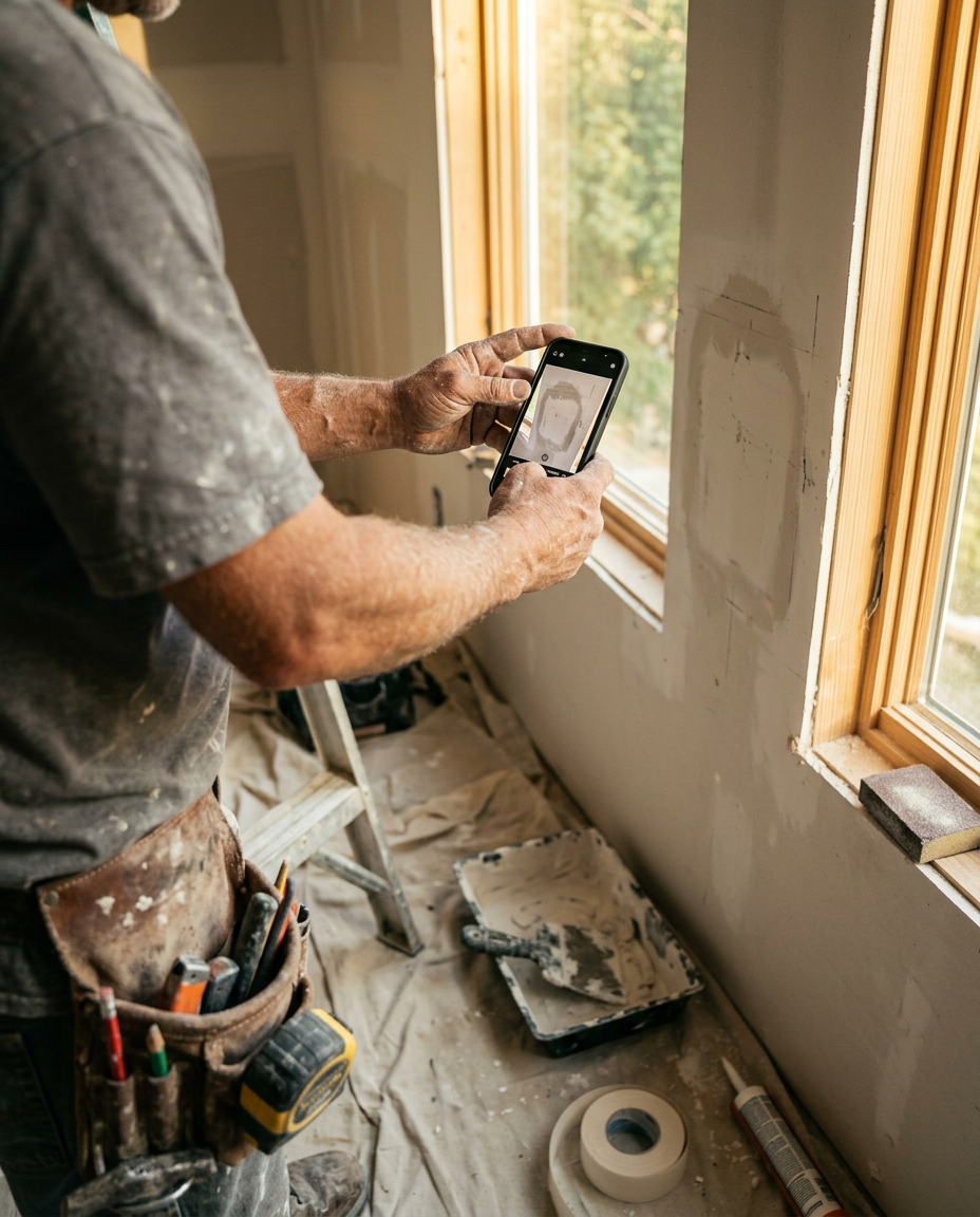 Drywall damage being photographed for an instant quote